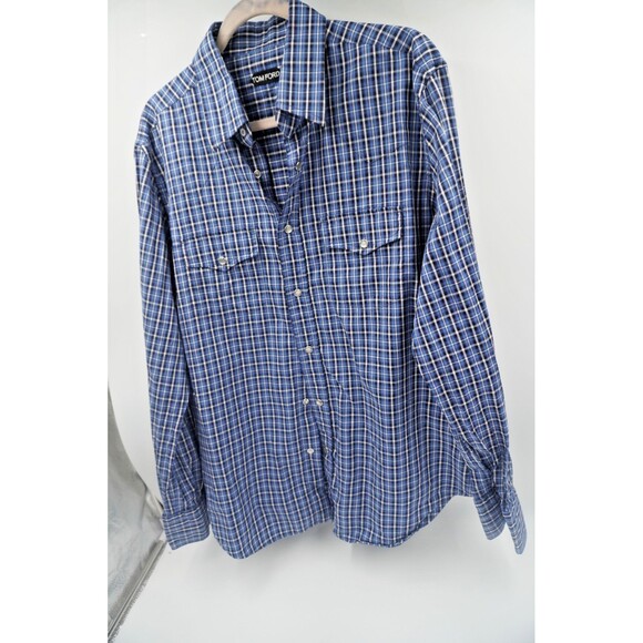 TOM FORD Blue Check Print Button-up Dress Shirt Men Long Sleeve Sz 44, 17 1/2 - Picture 4 of 16